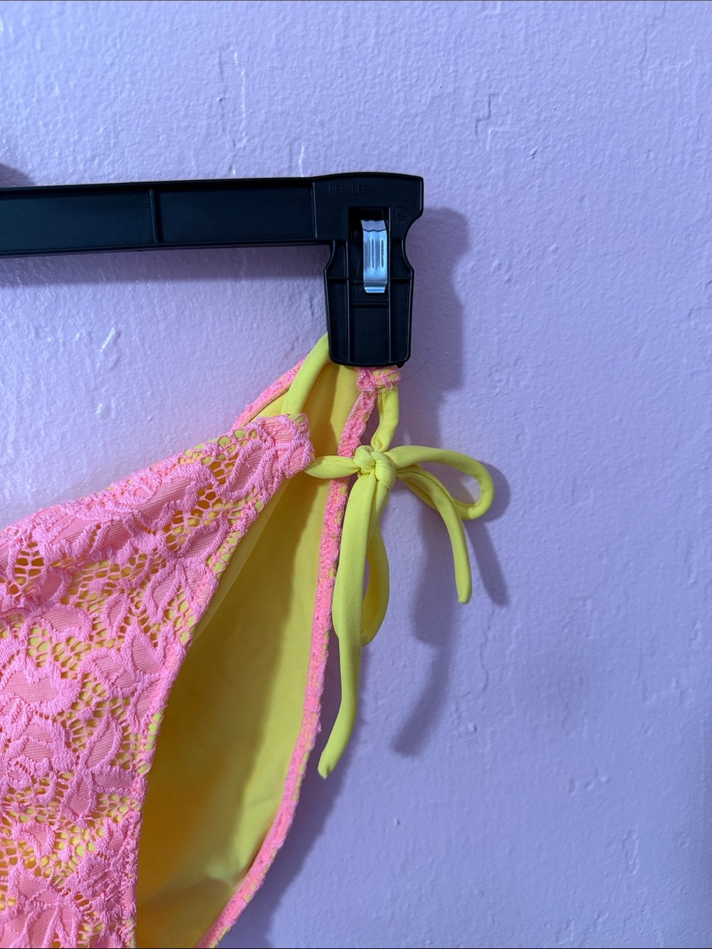 Y2K Victoria's Secret Neon Pink Lace & Bright Yellow Tie-Side Bikini Bottoms - Picture 3 of 6